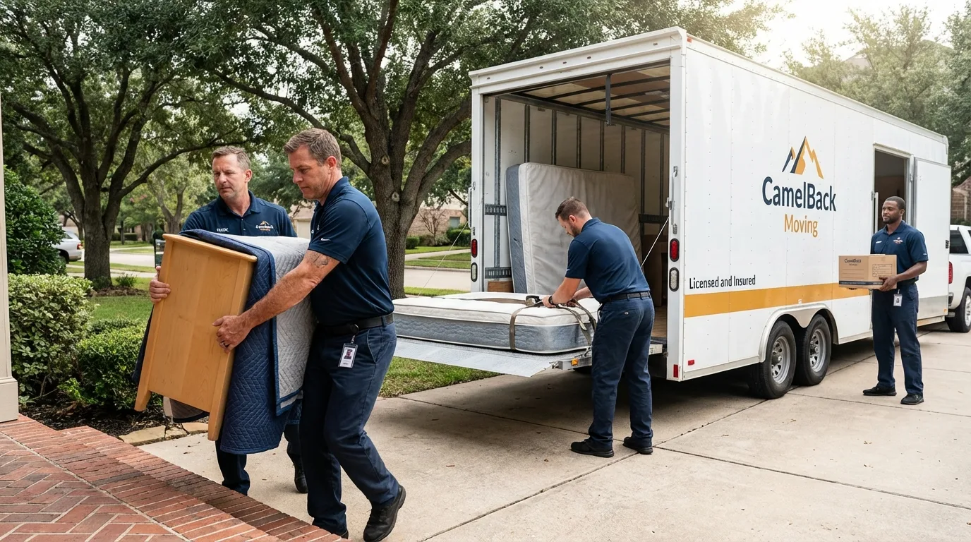 Crew loading residential truck for cross-state move from Boonville, IN