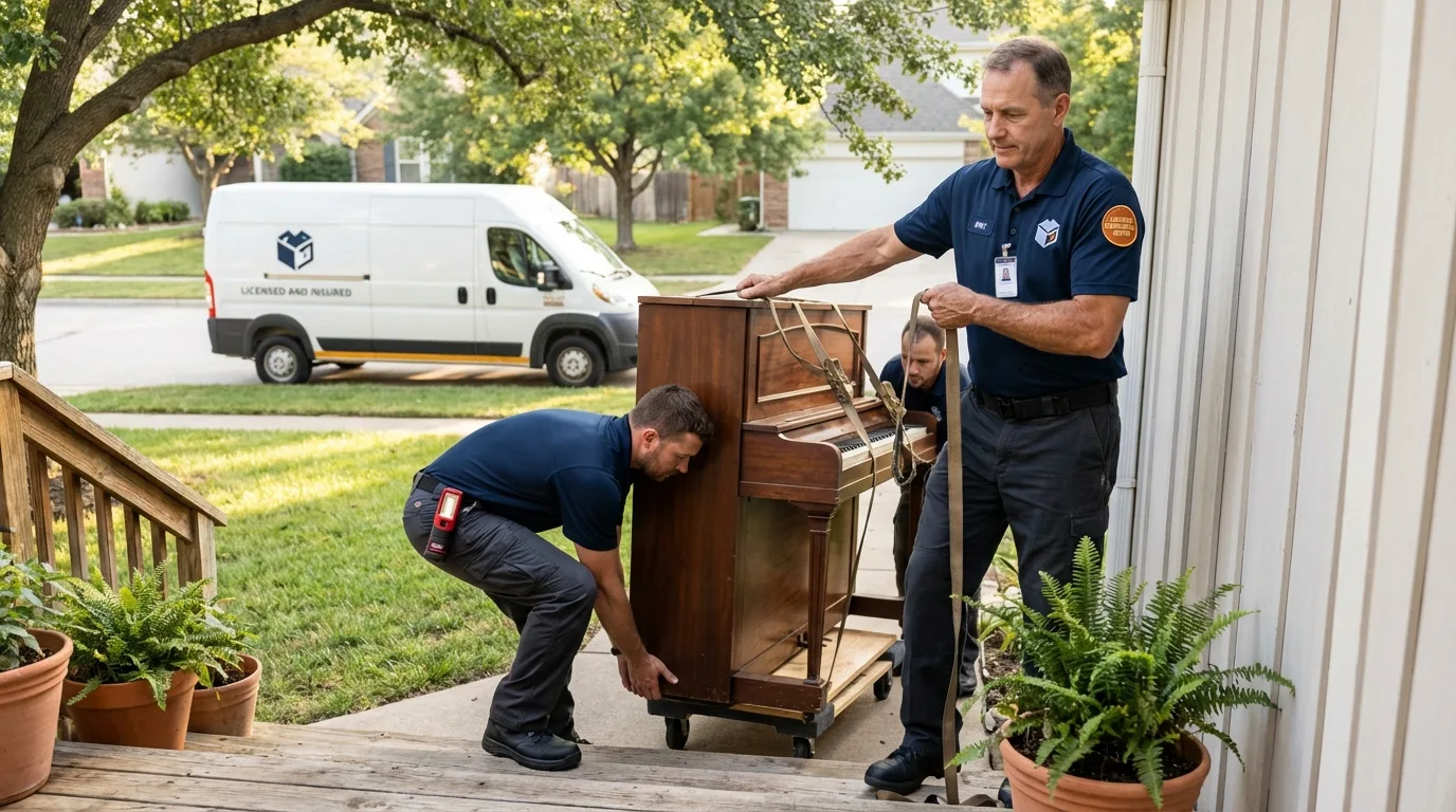 Licensed piano movers securing grand piano in Boonville, IN