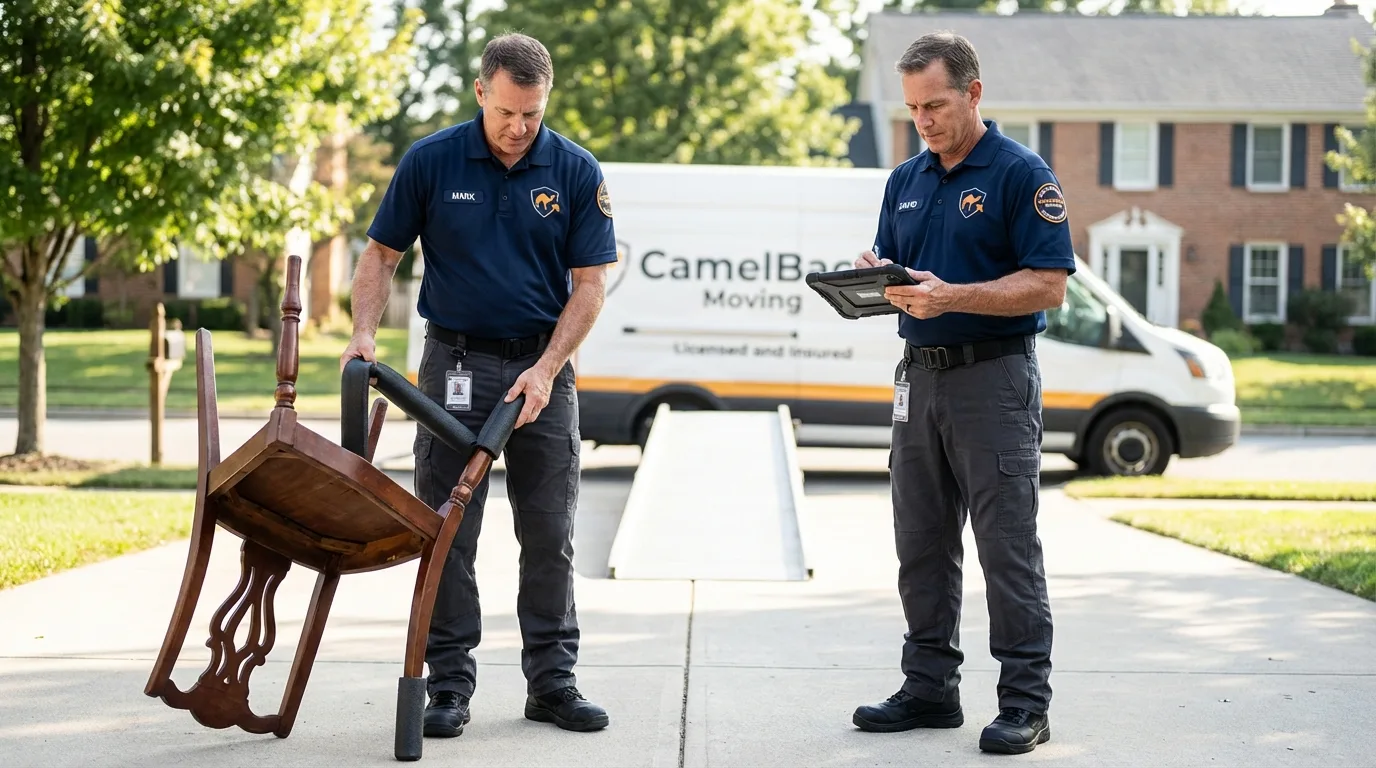 Movers inspecting furniture for damage prevention before loading in Boonville, IN